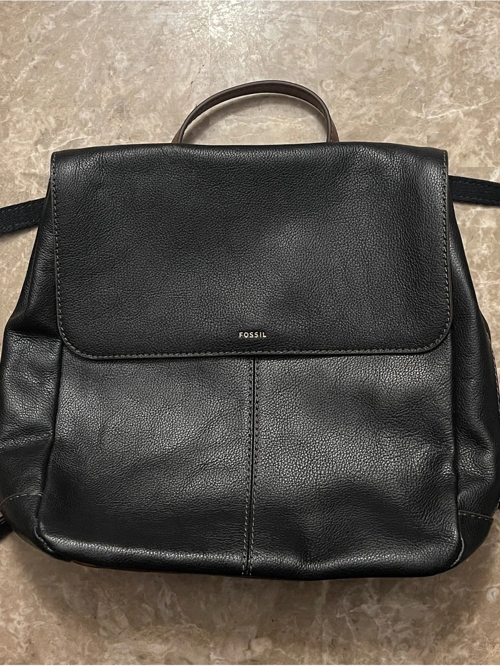 Fossil Black Pebbled Leather Flap Backpack
